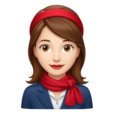 Female flight attendant, with red scarf, white shirt, long brown hair, brown eyes, iOS emoji-type face, fair skin,  sticker