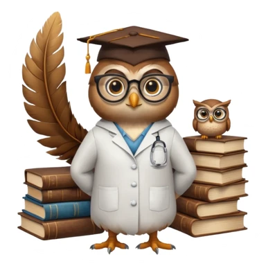Wise bird with glasses, wearing a lab coat, perched on a stack of books. sticker