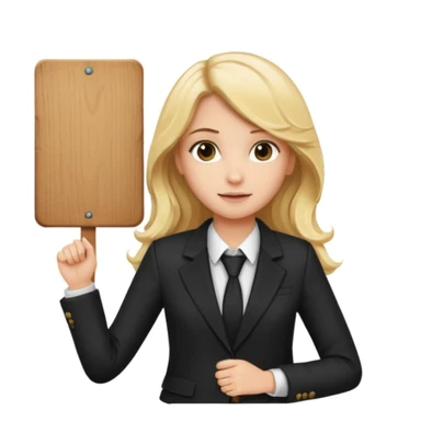 Blonde long wavy hair girl with black office blazer holding a wooden board with a sign 10/10 sticker