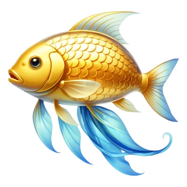 Ethereal golden fish with translucent glowing scales transforming into or carrying a shining golden omega-3 capsule. The fish appears magical and flowing, with streams of light connecting it to the capsule. Both elements emit a soft radiant glow in a dreamy atmosphere with subtle blue undertones. sticker