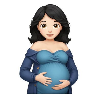 pregnant woman with wavy black hair happily touching her big belly while wearing warm clothes and a thin coat slightly drop of her shoulder sticker