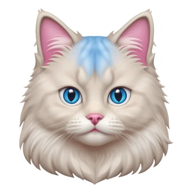 Fluffy Siberian cat face emoji, white and grey long hair, bright blue eyes, pink nose, friendly expression, 3D vector style, isolated on white background. sticker