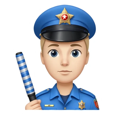Russian traffic police officer in blue uniform with striped baton and peaked cap, holding traffic baton sticker