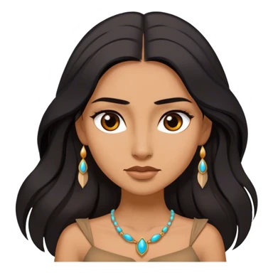 Cinematic Stunning Pocahontas Portrait Emoji, Windswept raven hair flowing behind her, deep brown eyes filled with wisdom and strength, glowing sun-kissed skin, wearing her elegant tan dress, the spirit of the wild in her expression, breathtakingly majestic! sticker