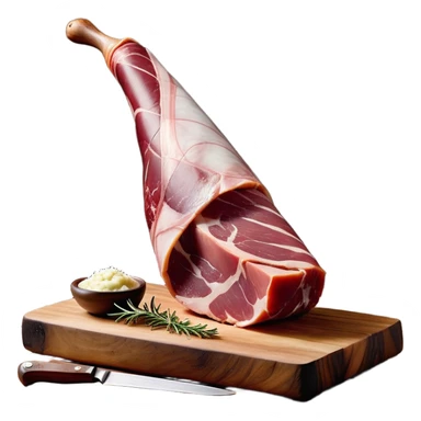 _cinematic-realistic-spanish-ham-leg,-depicted-as-a-massive,-cured-leg-of-jamón-serrano-(ham)-with-a-deep-reddish-brown-hue on the outside,-intricately-marbled-and-slightly-glossy-with-age,-elegantly-displayed-on-a-rustic-wooden-stand-and-bathed-in-warm - jamon prosciutto sticker