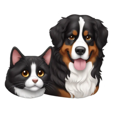 Bernese dog next to A brown and black cat without white fur sticker