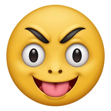 A yellow round face emoji smirking with its tounge out but the eyes are evil and kind of crazy and only one of the eyebrows is raised higher than the other eyebrow sticker