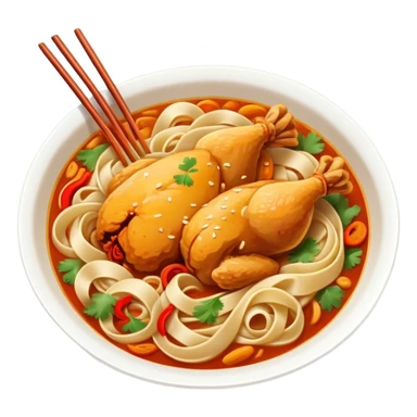 Xinjiang Big Plate Chicken with wide noodles in large dish, simplified emoji style with bold outlines and bright colors, cartoon style spicy chicken stew sticker