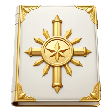 A white leather book with golden accents, smooth and polished, embossed with a symbol of six pillars, or a glowing mirror, radiating strength, confidence, and the power of self-worth.  sticker