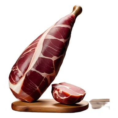 _cinematic-realistic-spanish-ham-leg,-depicted-as-a-massive,-cured-leg-of-jamón-serrano-(ham)-with-a-deep-reddish-brown-hue on the outside,-intricately-marbled-and-slightly-glossy-with-age,-elegantly-displayed-on-a-rustic-wooden-stand-and-bathed-in-warm - jamon prosciutto sticker