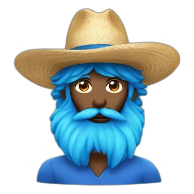 a man black beard and mustache wearing straw hat with large blue hair sticker