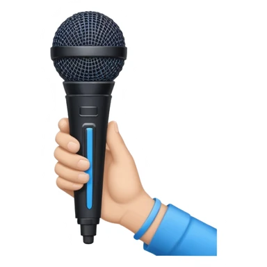 hand holding black stage microphone with blue strip on bottom sticker