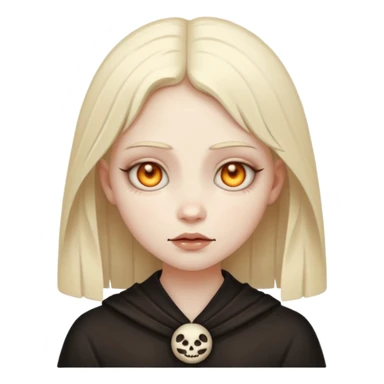 Stylized cult cartoon girl emoji, eerie-cute aesthetic, symmetrical design, subtle spooky vibe, glowing eyes, chanting “AMILK”, bold graphic icon sticker