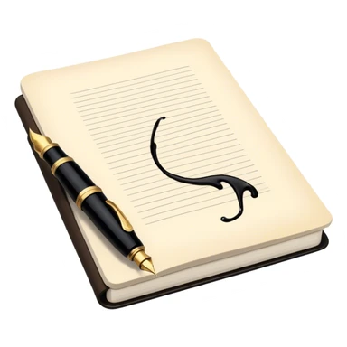 Create a vibrant emoji representing prose writing. The design should feature a classic fountain pen or quill in black, with black ink flowing from it onto an open notebook or paper. The ink should have a smooth, flowing effect to evoke creativity and storytelling. Use warm, earthy tones like brown, gold, and cream for the background elements. The emoji should convey literary elegance and artistic expression. Make the background transparent. sticker