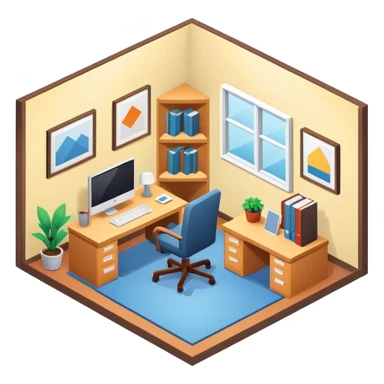 An isometric 3D room with two walls that meet at the back left and right. Home Office sticker