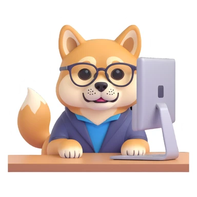 shiba inu with eye glasses and computer sticker