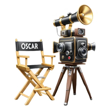 Icon for Directing: a director's chair, a large film camera, a megaphone, a stage set with lights and an Oscar statuette. The icon should represent the creative and leadership aspects of directing, with focus on film and theater production. Transparent background. sticker
