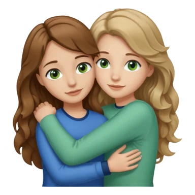 make me and my best friend togheter i have shoulder-lenght brown hair and light brown eyes and she has really long wavy hair blonde/brown hair and green/blue eyes we are hugging or taking a selfie  sticker