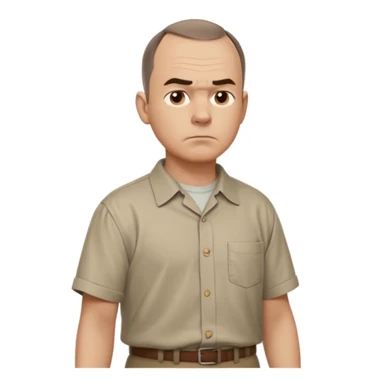 Carl from Sling Blade, serious expression, recognizable features, neutral background, full body, chin sticking out, slouching posture, no glasses, shirt with collar,  side view, the 4th image is good. show his entire body, he is standing. we see him from the side. Not frontal view. Side view sticker
