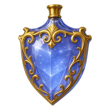 luxurious crystal elixir bottle shaped like a shield, color #7986cb, golden ornate details, magical shine, very small golden neck, seamless bottom, transparent background, bottle floating in air, no base or shadow, modern, collection style sticker