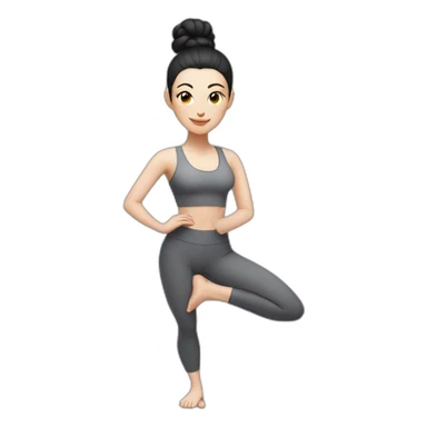 Pale skinned fit woman In a gray tight yoga suit and wristbands With black hair in a bun doing yoga sticker