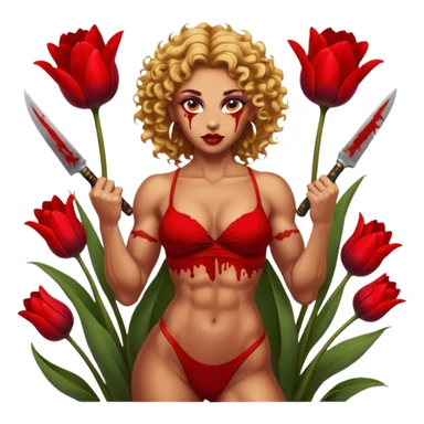 sexy tanned slavic girl, with bloody knives, sexy and muscled, golden curly flowers, flexing pose, full body nude, beautiful eyes with makeup, colored lips, makeup, earrings, tattoes, muscled and nude, surrounded by dark red tulips sticker