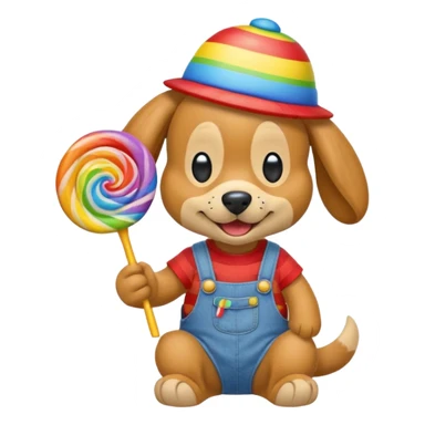 Generate a emoji of a dog with a comically large rainbow swirly lollipop with a goofy silly propeller hat, make the dog wear a striped bright yellow, red, and blue shirt with jean overalls sticker