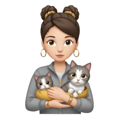 a white girl with brunette hair in a messy bun holding a grey cat. the girl has long lashes and has on a grey zip up that is half way zipped and under a white shirt and gold jewelry that is hoop earrings and gold bracelets. sticker