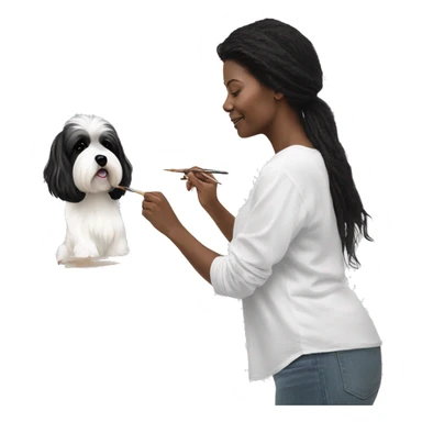 female artist painting a painting black+white havanese on easel sticker