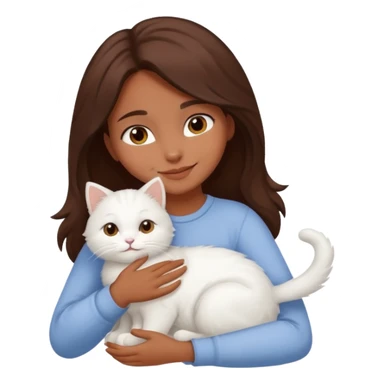 A brown skinned brunette girl hugging a white cat sticker