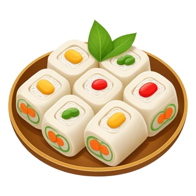 Hangzhou Pian Er Chuan steamed rice cake rolls with fillings, simplified emoji style with bold outlines and bright colors, cartoon style local specialty snack sticker