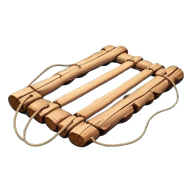 showing a simple wooden raft floating on calm blue water — made of several brown logs tied together with rope — gentle ripples around it — bright, cheerful lighting and soft shadows — minimalist, clean emoji design sticker