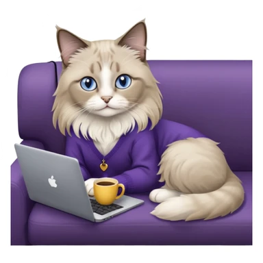 a cute blue eyed brown and white ragdoll cat with white paws and brown and beige tail wearing the dark violet sweater with yellow letteting "Milena" sitting on the grey sofa with grey laptop Lenovo and drinking coffee sticker