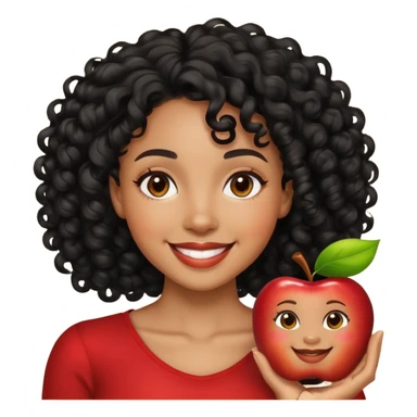 Memoji-style emoji of a light-skinned Black woman with black curly hair, smiling, neutral background, Apple emoji style sticker