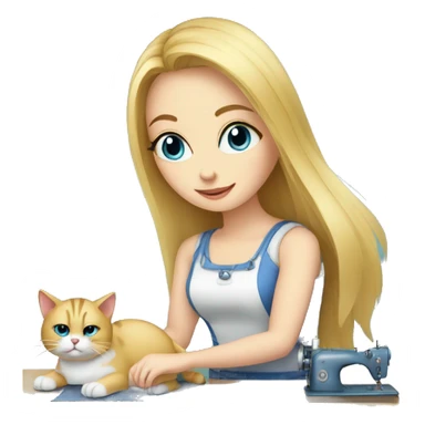 blonde girl with blue eyes working with sewing machine with cat on the floor sticker