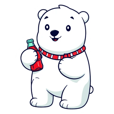 polar bear in a colorful Hawaiian shirt with Coke bottle pattern, sipping Coca-Cola sticker