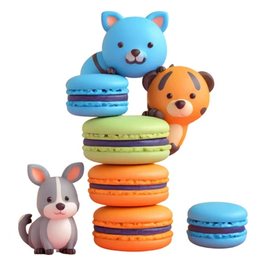 A blue macaron with a blueberry on top, two animals peeking out, light blue background with white stars, detailed texture sticker