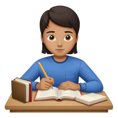 A student with dark hair is reading a book and taking notes in a notebook. There are also papers and textbooks on the table. sticker