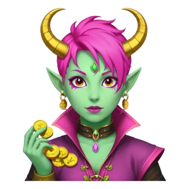 A D&D tiefling with pale green skin and hot pink hair. She is a rouge and is obsessed with gold sticker
