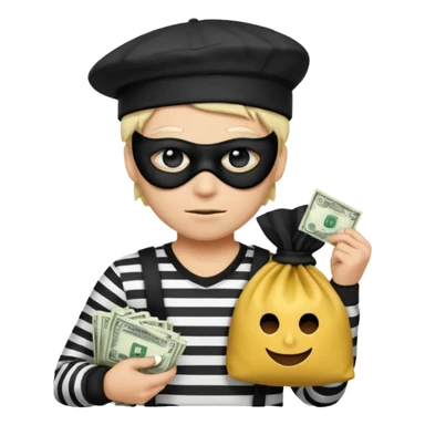 Realistic ios emoji-style portrait of a classic burglar, a black eye mask and a black-and-white striped shirt. emoji-like hair, black hat, a bag of money 💰 with a dollar sign in a right corner, evil expression  sticker