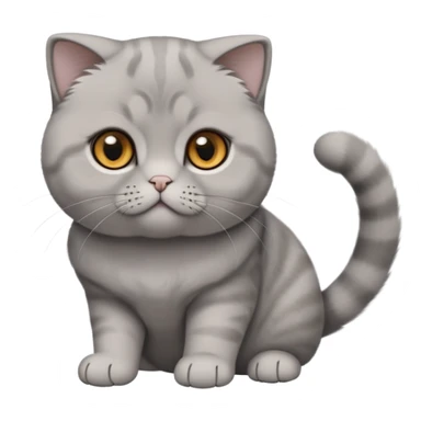  Cinematic-Scottish-Fold-Cat-Realistic-Full-Body-Sitting-Emoji – Tail curled playfully around its paws, head tilted dramatically, soft solid grey fur, signature folded ears adding to its distinctive charm, simplified yet realistic focused features, highly detailed, glowing with an almost sarcastic glow, round amber eyes radiating intelligence and mischief. sticker