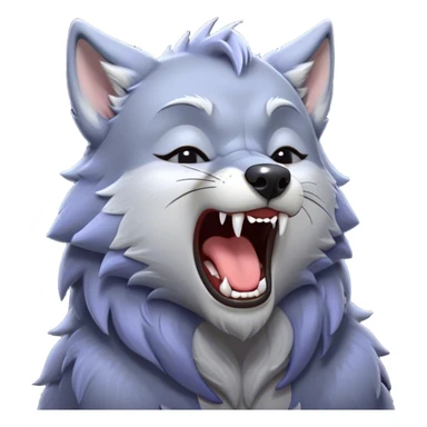 Cinematic Cute Yawning Werewolf Portrait Emoji, with a cuddly, miniature lupine form in soft moonlit grays and silvers, head leaning back in a big, adorable yawn that reveals a few fuzzy teeth, simplified yet irresistibly charming, highly detailed with a soft glowing outline that captures the drowsy, playful essence of a werewolf mid-nap! sticker
