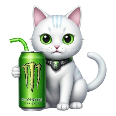 White cat with a can which is energy drink brand Monster sticker