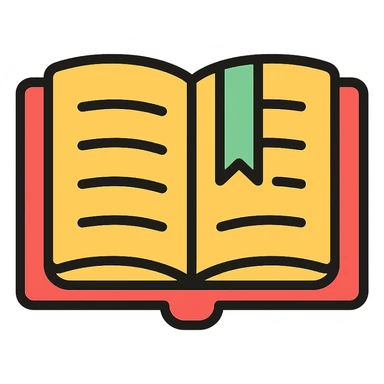 open red hardcover book with green ribbon bookmark sticker