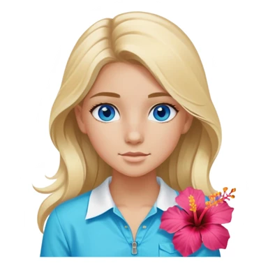 preppy coastal teen girl with blue eyes, beach blonde hair, tan skin, hibiscus flower in her ear, preppy beach outfit sticker