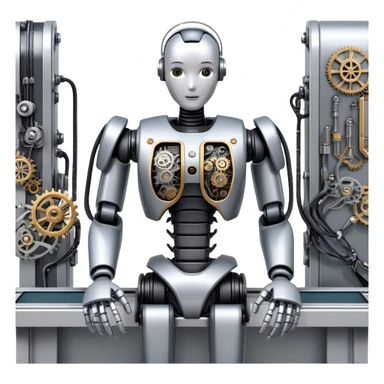 An icon featuring a humanoid robot assembling parts with mechanical arms, a circuit board in its chest, and a conveyor belt in the background. The design includes gears, sensors, and a robotic claw, symbolizing robotics innovation and automation. Transparent background sticker