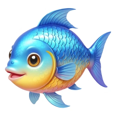 extremely cute, detailed fish, shiny plastic look, tiny body, huge sparkling eyes with highlights, friendly smile, fine scale texture, soft pastel colors with bright accents, small accessories like hearts, detailed shading sticker
