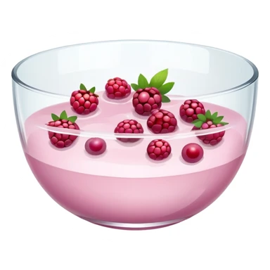 A clear glass bowl filled with milky light pink liquid with chunks of various berries floating in it sticker