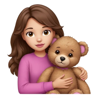 girl with long wavy brown hair, brown eyes, light to medium complexion, in a pink shirt, pink lips, long lashes, hugging a teddy bear sticker