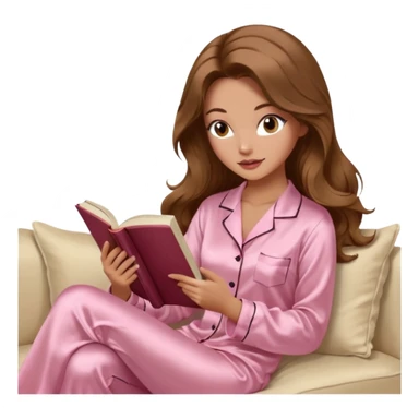 Woman with light tanned skin reading a book on Beige sofa. Long wavy brown hair. Beige ivory colour background. Light pink Silk pyjamas. Realistic person. Fox eye shape with long lashes. Pinky brown lips. sticker
